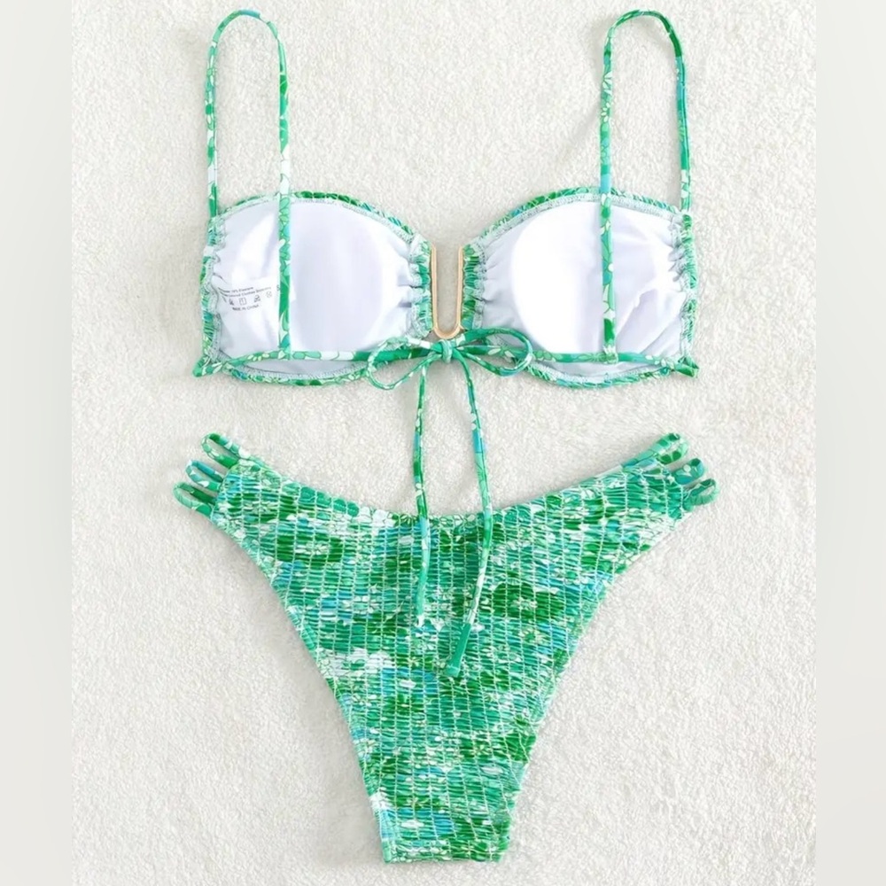 Green Floral U Wire Bandeau Bikini Set - Picture 2 of 6